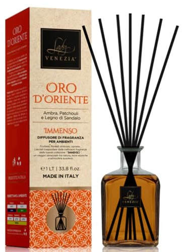 Lady Venezia - Profumatore per Ambienti 1 LT - Diffusore Profumo Ambiente - Profumatore per Ambienti Bastoncini - Sandalo Ambra Patchouli - Formato Convenienza 1LT (Oro d'Oriente)
