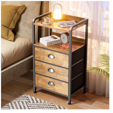 Bedside Table Chest of Drawers Bedroom Bed Side Tables Bedsides Tables with 3 Fabric Drawers Bedside Cabinet Storage Nightstand with Shelf Living Room Furniture Wide Desktop, H: 73x W: 40 x D: 30 cm