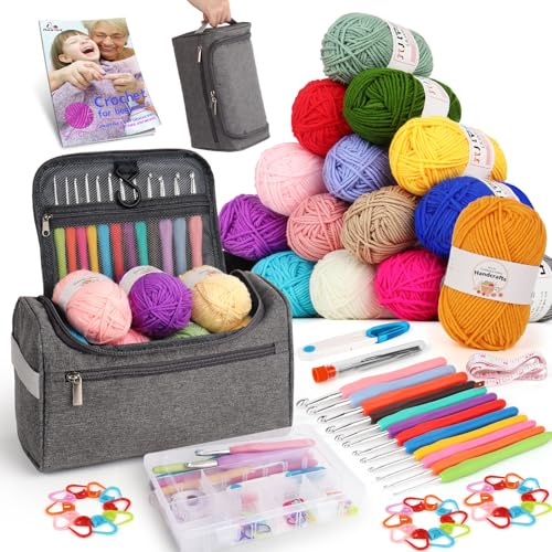 Aeelike Crochet Kit, Crochet Kits for Beginners Adults with Instructions 16Pcsx25g Crochet Yarns Ergonomic Metal Crochet Hooks Set 2mm-8mm Knitting Accessories Storage Case Crochet Starter Kit - Grey