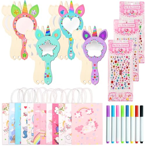 DXiongW 35 Stück Einhorn Spiegel Basteln Set DIY Einhorn Holzspiegel zum Bemalen Handwerk Mini Prinzessin Handspiegel Geburtstag Geschenk für Mädchen Kreativ Malen Spiele Party Deko