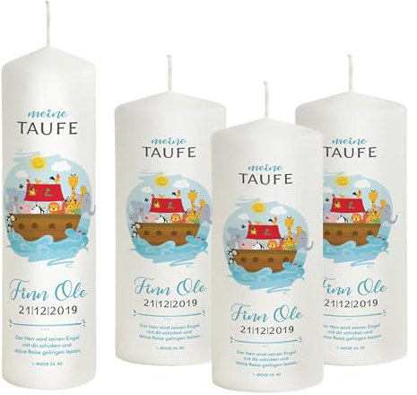 Liamoria® Taufkerze Junge mit Name und Datum Arche Noah in Blau 25 cm inkl. Taufspruch mit 3 Patenkerzen Lange Brenndauer in weißer Farbe - die perfekte Taufkerzen für Jungen