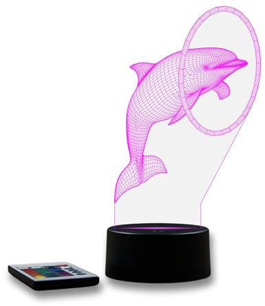 Lampe Illusion 3D Dauphin – Veilleuse LED RGB 16 Couleurs + 4 Modes avec Télécommande – Non Personnalisée – Décor Marin/Cadeau Animalier – Made in France