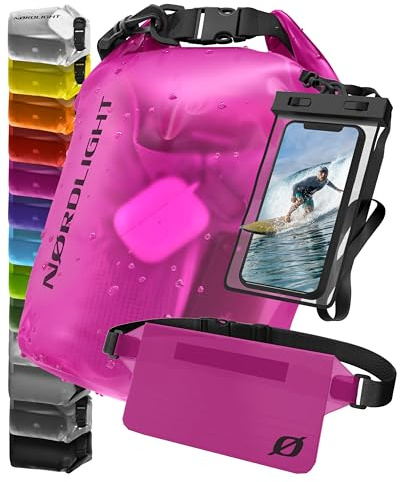 Nordlight wasserdichte Tasche 3er Set (Pink) - Dry Bag 5l + wasserdichte Handyhülle + wasserdichte Hüfttasche | IPX8 Schutz | Mit Verstellbaren Gurten Für Strand, Stand Up Paddling