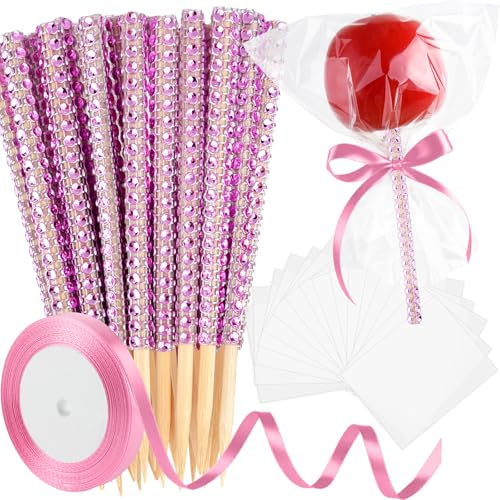 ASTARON 24 Pack Glitter Bling Candy Apple Sticks and Bags, Cake Pop Sticks Kit Including Caramel Apple Sticks with Ribbon and Chocolate Apple Packaging Bags for Party Supplies (Pink)