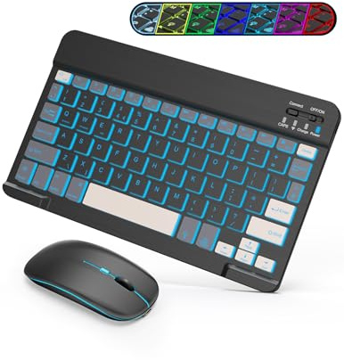 SOPPY Bluetooth Keyboard Mouse Combo, Rechargeable Backlit Mini Keyboard | 7-color backlight, 3-device switching, UK layout, ultra slim design, compatible with iPad, tablets, iOS, Android and Windows