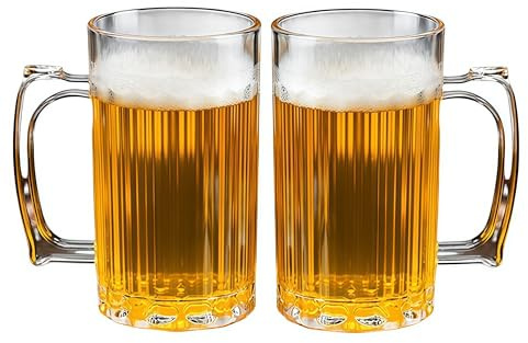 Komost 17oz Plastic Beer Mugs with Handle Set of 2, Reusable Clear Beer Stein Drinking Cups for Party Bar Home Hotel, Perfect for Cocktail Juice Beverages