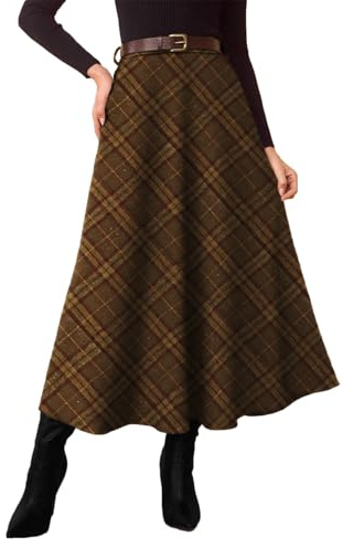 Pink Queen Maxi Tartan Skirts for Women 2026 with Pockets Fall Winter Midi Length Work Office Going Out A Line Flared Plaid Skirts for Womens High Waist Pleated Belt Loop Long Dress Brown S