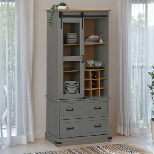 Mobili,Armadi & Stoccaggio,Vino & Spirit Cabinets,Wine Cabinet HALDEN con portabottiglie e porta scorrevole pino grigio