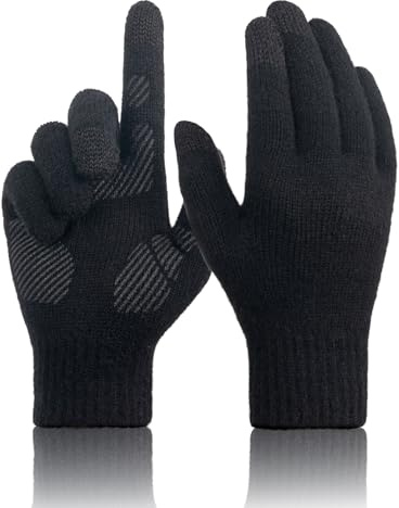 TRENDOUX Gloves Men, Unisex Thermal Merino Wool Winter Glove Women Touch Screen, Soft Anti-Slip Lightweight Running Gloves, Knitted Sports Glove For Cold Weather, Walking, Driving, Hiking Black L