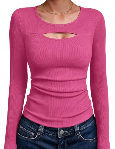Aottori Maglia Donna Manica Lunga Cut out Girocollo Costine Slim Fit | Maglietta, Aderente, Basic Shirt, Top Elegante, Elasticizzato, Tinta Unita Casual, Primavera Autunno