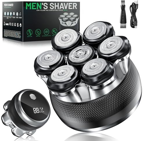 Yeerain Afeitadora Cabeza Hombre, 7D Maquina Afeitar con 2 Velocidades Ajustables, Magnéticos Maquinilla Afeitadora electrica hombre en Seco y Húmedo con Pantalla LED