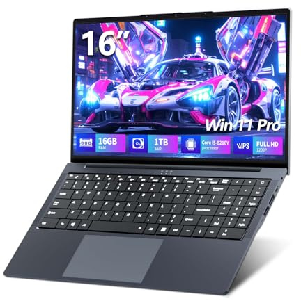 Ordenador Portátil 16 Pulgadas, Core i5-8210Y CPU, Win11 Pro PC Portátil 16GB RAM 1TB SSD, Clavier Rétroéclairé, 1080P FHD Pantalla Laptop, (Mini-HDMI+USB3.0+Type-C+Webcan+WIFI5+5800mah Battery)