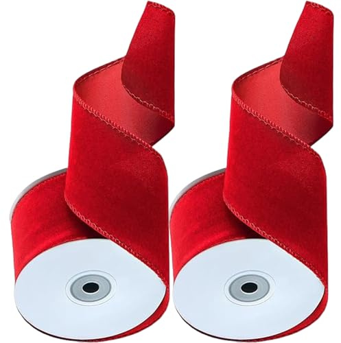 2 Stück Weihnachtsband Mit Draht, Aus Weichem Samt Satinband Rot, 6.3cm X 5m Schleifenband Weihnachten, Geschenkband Weihnachten Rot Dekoband Weihnachtsband Ripsband, Zierleiste Zum Verpacken Von Tür