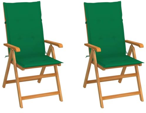 Owoxanthellate Gartensessel 2er Set aus Massivholz Teak 57x71,5x100 cm klappbar verstellbare Rückenlehne mit grünen Outdoor-Kissen für Terrasse Balkon und Camping