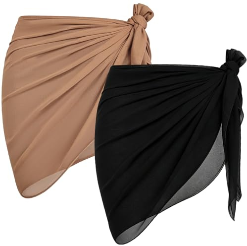 2 delar strandsjal för kvinnor, baddräkt chiffong sjal, sarong baddräkt kort strandkjol halvtransparent bikiniöverdrag sarong för strand pool semester, svart, brun, one size