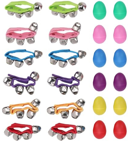 SPYMINNPOO 12 Egg Shakers and 12 Wrist Bells, Complete Percussion Musical Instruments with 6 Colors and Adjustable Straps for Kids