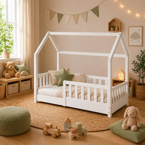 Easy Act Kinderbett Haus aus Massivholz – Bodenbett mit Rausfallschutz & Lattenrost – Hausbett Kinder Holz Bettgestell für Mädchen & Jungen ab 3 Jahre (Weiß, 80 x 160 cm, ohne Matratze)