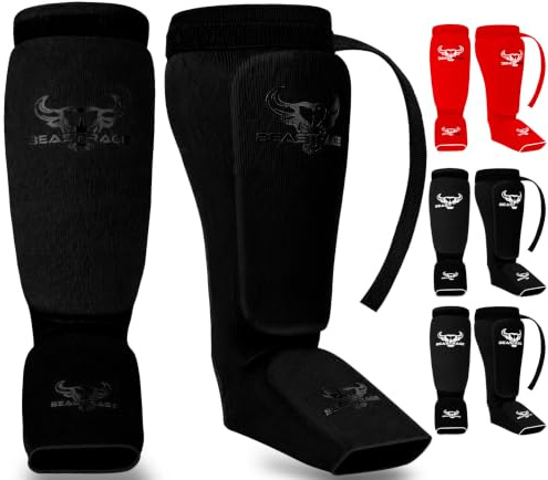 BEAST RAGE Protège-Tibias pour Le Kickboxing et Le Muay thaï–Protège-Tibias et protège-Cou-de-Pied pour Le MMA,protège-Jambes rembourrés et élastiques pour Le Combat d'entraînement