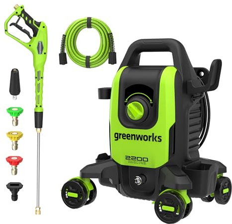 Greenworks Idropulitrice elettrica da 2200 PSI per vialetti, terrazze e auto, idropulitrice con filo da 1,2 GPM con 5 ugelli, tubo flessibile, cavo GFCI da 10,7 m, avviamento manopola