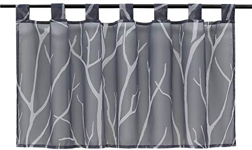 HeichkelL Voile Transparent Scheibengardine, Baumzweige Grau HxB 60x140cm | Modern Schlaufen Kurzstore, Bedruckt Küchegardine