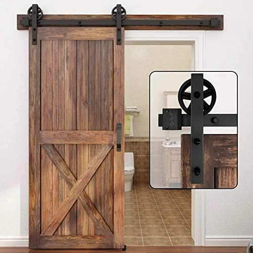 WINSOON 183 cm Simple Porte Quincaillerie pour La Prote Simple Coulissante de Grange En Bois Antique Roue de Base à Gros Rayons Noir Roller Kit Système de Porte avec Roulettes et Rail