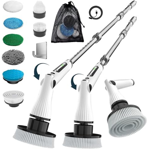 Electric Spin Scrubber, 8 in 1 Electric Cleaning Brush, Cordless Rechargeable Scrub Brush with 8 Replaceable Brush Heads, Adjustable Length and Angle Power Scrubber for Bathroom Tile Bathtub Glass