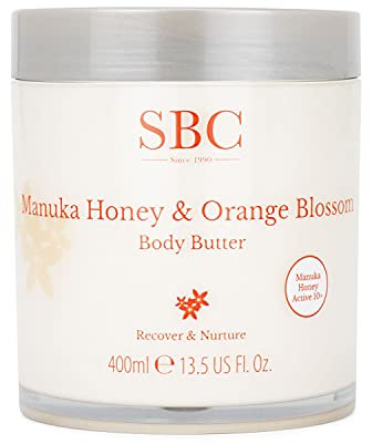 SBC Skincare Burro per il corpo al miele di Manuka e fiori d'arancio, 400 ml, lozione per il corpo idratante per pelli secche e sensibili