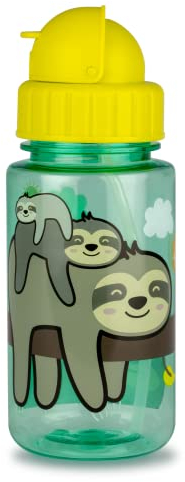TUM TUM Kinder Trinkflasche - Tritan Trinkflasche mit Strohhalm - mit Trinkflaschen Deckel - extra auslaufsicher - leicht zu öffnen - 400ml - BPA frei - verschiedene Trinkflaschen (Faultier Stanley)