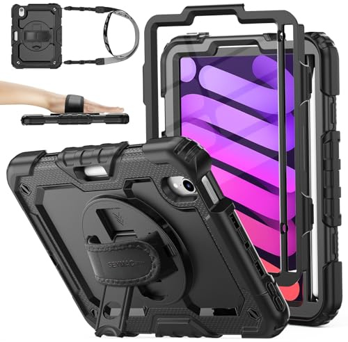 SEYMAC stock Hülle für iPad mini A17 Pro 7/6 2024/2021 8,3, Schwarz | Rundumschutz,Zwei Frontrahmen,Displayschutzfolie, 360° Drehbarer Ständer/Handschlaufe,Verstellbarer Schultergurt,Stifthalter