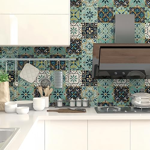 indabyo 20pcs Teal Moroccan Tile Stickers Mosaic Peel and Stick on Tiles | Kitchen Bathroom Wall Stick on Tiles Self Adhesive Vinyl Waterproof Backsplash Tile Covers Decals (15cm x 15cm, 6x6 inches)