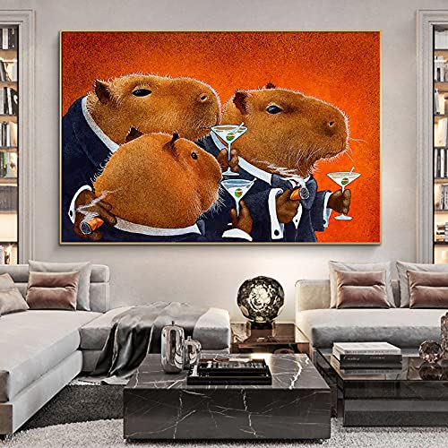 XIANDAI The Capybara Club Leinwand Malerei Abstrakte Tiere Poster und Drucke Moderne Wandkunst Bilder Wohnzimmer Dekoration 70x100cm Rahmenlos