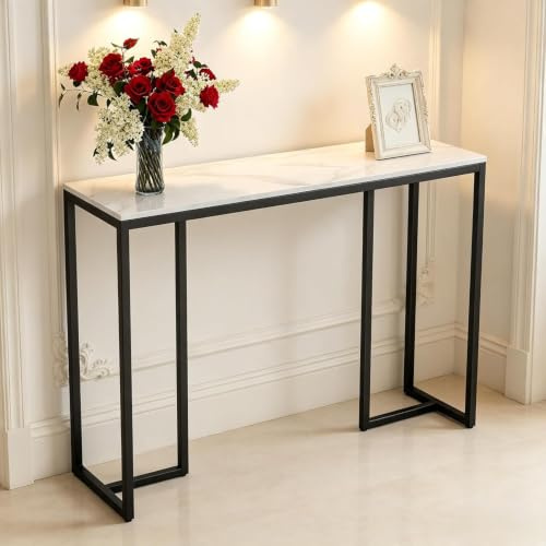 FATIVO Konsolentisch Weiß Marmor 100×30×79cm Beistelltisch Sideboard | Eingangstisch, Stabil Metallgestell, Sofatisch Skandinavisch, Deko Tisch Aufbewahrungstisch, Flurtisch für Wohnzimmer