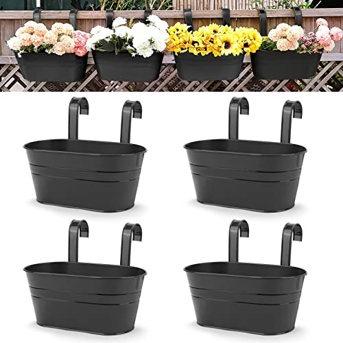 4pcs Hanging Flower Pots, Metal Iron Wall Planter Indoor/Outdoor for Railing Fence Balcony Garden Home Decoration with Detachable Hooks, 4x Black