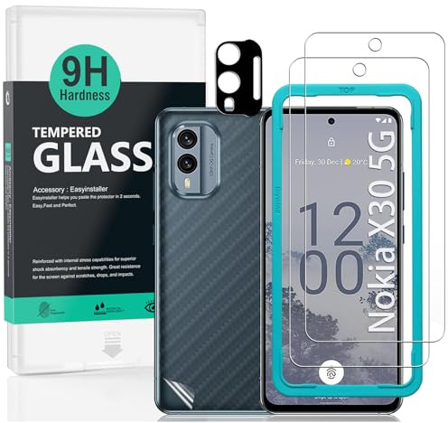 Ibywind schutzfolie kompatibel mit Nokia X30 5G(6,43 Zoll), mit 2 Stück gehärtetem Glas-9H Härte, 1 Stück Metall Kamera Schutzfolie,1 Stück Carbon Fiber Folie für die Rückseite