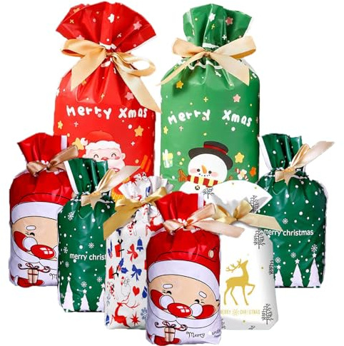 34 Stück Weihnachts-Geschenktüten in verschiedenen Größen, Weihnachts-Kordelzugbeutel, Weihnachtsfeier-Geschenktüten mit Seilen, geeignet für Partys