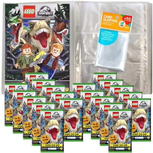 Bundle mit Blue Ocean LEGO Jurassic World - Serie 3 Trading Cards - 1 Leere Sammelmappe + 20 Booster + Exklusive Collect-it Hüllen
