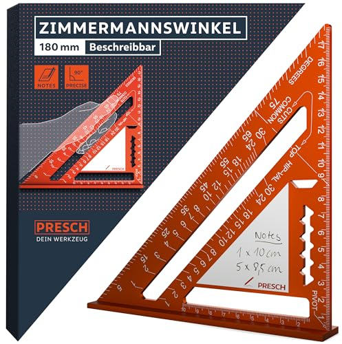 Presch Carpenters Square 180mm | Innovative wipeable note surface | High-precision milled aluminum for permanently accurate 90° angles | Carefully crafted, resilient coating