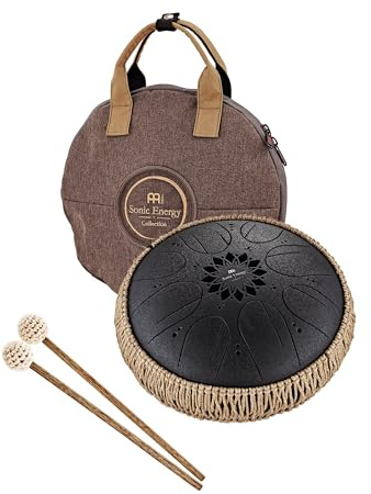 Sonic Energy Medium Octave Steel Tongue Drum, H-Moll, Schwarz (MOSTD1BK) | 8 oktavierte Töne, 432 Hz, Durchmesser 10 Zoll, 26 x 26 x 14 cm, Inkl. Tasche und 2 Schlägel, Edelstahl