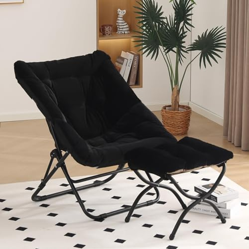 SESHINELL Bequemer Untertassenstuhl mit Ottomane, übergroßer Faltbarer Loungesessel aus Kunstfell, Lesesessel mit Metallrahmen, Moon Lazy Chair, Akzentstuhl für Schlafzimmer, Wohnzimmer, Schlafsäle