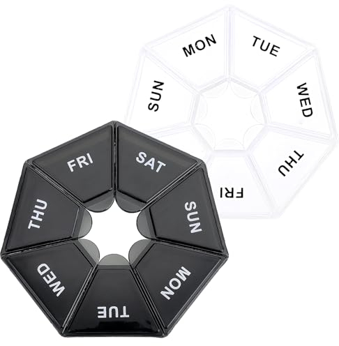 Sibba 7 Day Pill Organizer, 2 Pcs Medicine Pill Box, Daily Pill Holder, Portable Travel Pill Container Holder for Pocket or Purse, Medicine Planner for Vitamins Fish Oil, Supplements (Black, Clear)