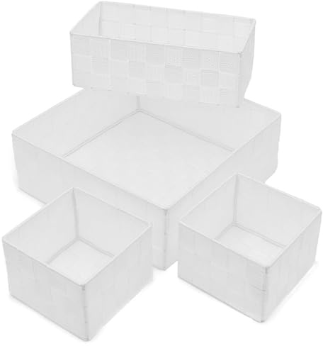 4er Set Aufbewahrungskorb ohne Deckel in Rattanoptik | Regalkorb Stapelbar | aus Nylon Geflochten | Aufbewahrungsboxen, Badkorb, Aufbewahrungskörbe für Schrank, Küche, Wohnzimmer, Bad (Weiß)