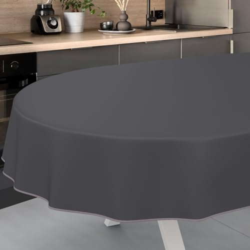 ANRO Wachstuch-Tischdecke Tischdecke abwaschbar Wachstuch Garten-Tischdecke Outdoor Indoor Oval 240x140cm mit Saum Anthrazit Wachstuchtischdecke Wachstischdecke wasserabweisend Gartentischdecke
