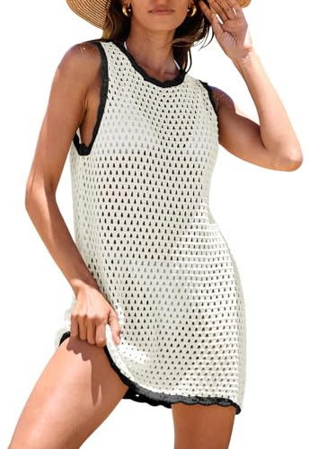ANRABESS Womens Swimsuit Cover Up Sleeveless Knit 2026 Summer Outfits Swimwear Bathing Suit Coverup Crochet Beach Dress White Black Medium