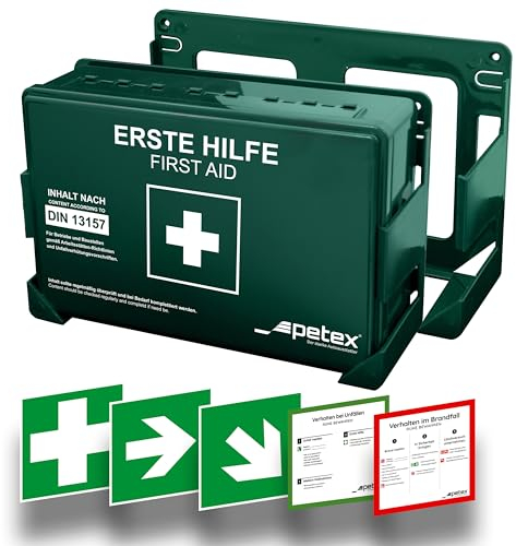 PETEX Betriebsverbandkasten Standard mit Inhalt nach neuer DIN 13157 inkl. praktischer Wandhalterung, 5x Aufkleber, Erste-Hilfe-Koffer, Verbandkasten in grün für Betrieb, Büro, Baustellen