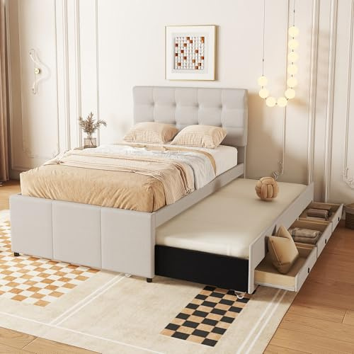 Kinderbett Polsterbett 90x200 Bettgestell Ausziehbett,Einzelbett mit Ausziehbarem Bett & 3 Stauraum Schublade für 2 Kinder,Schlafsofa mit Lattenrost,Verstellbares Kopfteil,Leinen,Beige,Ohne Matratze