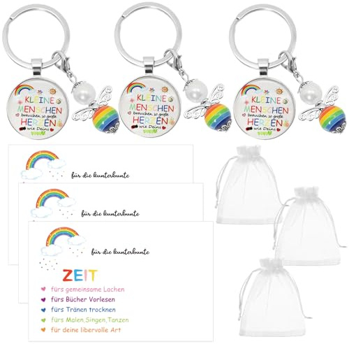 Qunkun Geschenke für Erzieherinnen, 3 Sätze Schlüsselanhänger mit Schutzengel, Lehrer Geschenk, Geschenk Abschied Erzieherin Kindergarten Perlenengel Schlüsselanhänger mit Dankeskarte
