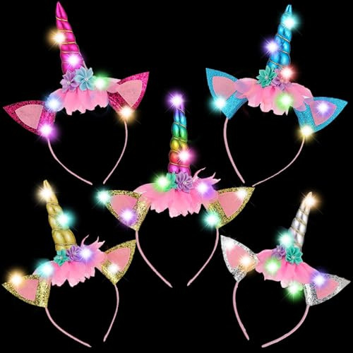 YOUYIKE 5 Stück Einhorn Haarreif LED Leucht Stirnband Einhorn Geburtstag Haarreif, Leuchtender Kopfschmuck, für Geburtstag Geschenk Karneval, Ostern Birthday Party