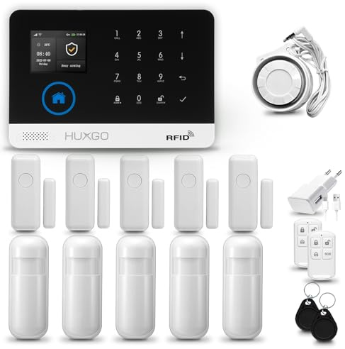 HUXGO® HXA003 Alarmanlage fürs Haus WLAN + GSM Set mit Sirene | Funk Alarmanlage Wohnung mit App. TUYA |Alarm System mit 5X Bewegungssensor, 5X Fensteralarm/Türsensoren