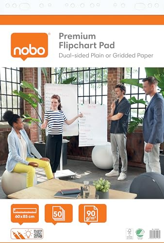 Nobo 1902451 - Bloc de Papel Premium Tipo Rotafolio para Caballete de 60x85cm, Papel Liso o Cuadriculado por Ambas Caras, 50 Hojas, 90g/m², Enrollado