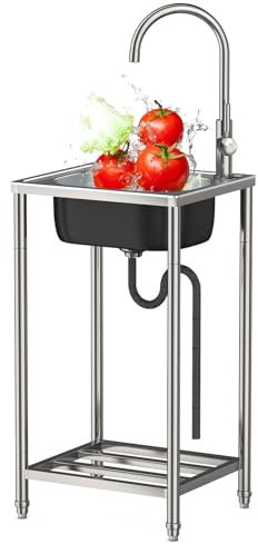 Évier Inox Autoportant avec Robinet pour Cuisine Intérieur et Extérieur - 1 Bac Plonge pour Jardin, Hôtel, Restaurant, Garage, Camping Car